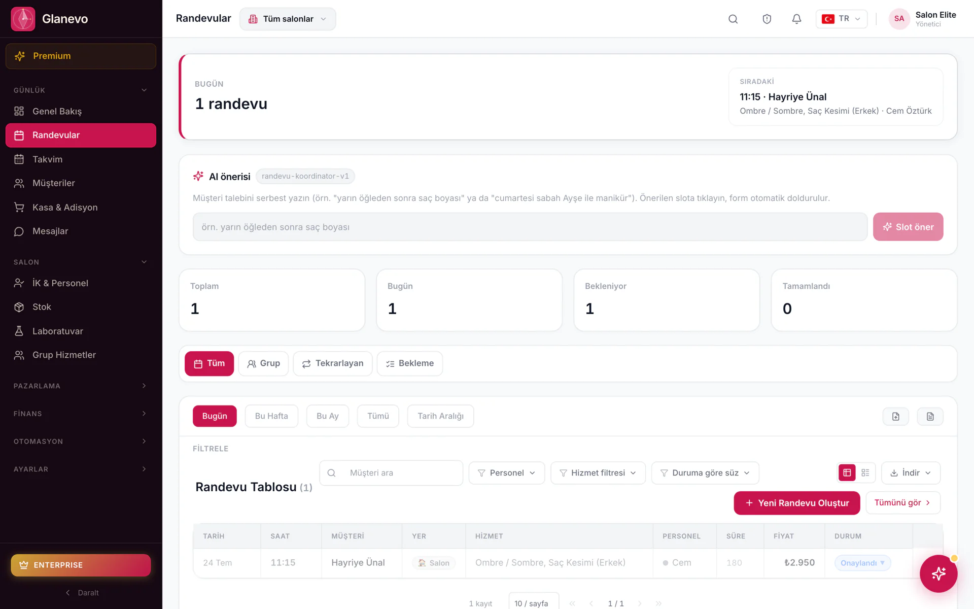 Appointment list screen: total, today and pending counters, filter bar and appointment table