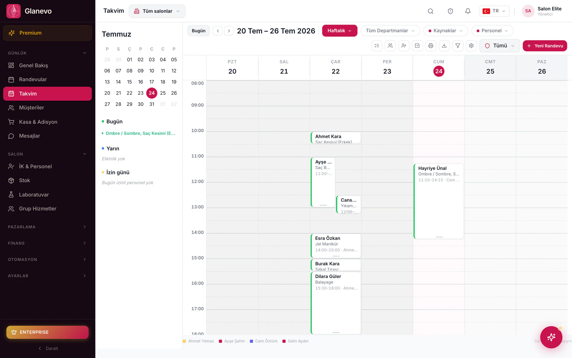 Glanevo weekly calendar screen
